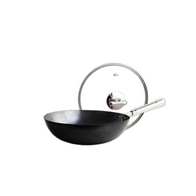 China Eco-friendly Round Hand Hammered Carbon Steel Wok Non Stick Pan With Glass Lid For Gas Stoves for sale