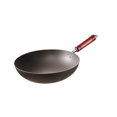 China Sustainable Home Use Healthy Kitchen Wok Pan Uncoated Nonstick Cookware With Glass Lid And Wooden Handle for sale