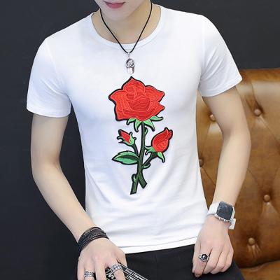 China Anti-Wrinkle Clothes Men's T-shirt Rose Embroidered Cotton Summer Tight Male T-Shirts for sale