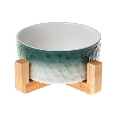 China Viable Nordic Gradient Porcelain Bowl Ceramic Cat Pet Elevated Dog Food Bowl With Bamboo Stand for sale