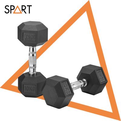 China Modern Strength Training 1KG To 80KG Black Gym Weights Hexagon Rubber Dumbbells for sale