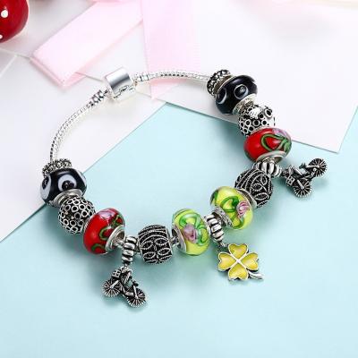 China Hermosa CLASSIC European DIY Beads 925 Sterling Silver Lucky Leaf Pendant Clover 4 Leaf Clover Necklace Charm Bracelet 20cm for sale