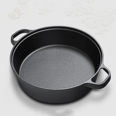 China Viable Factory Supplier Direct Kitchen 30CM Thickened Flat Baking Pizza Frying Pan Cast Iron Deep Skillet Pan With Double Ears for sale