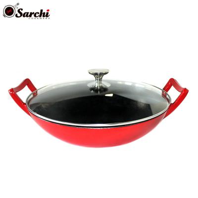 China Two Handles Flat Bottom Large Size Durable Enameled Cast Iron Wok With Cover for sale