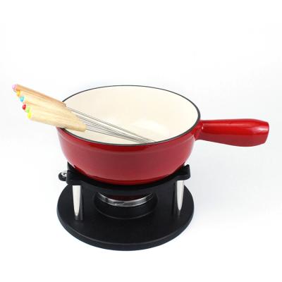 China Sustainable Portable Mini Cast Iron Meat Cheese Fondue Pot Set With Fork And Handle for sale