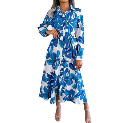 China Anti-Static New Fashion Women Casual Floral Print Elegant Vintage Print Lapel Button Slit Lace Up Long Sleeve Maxi Shirt Dress for sale