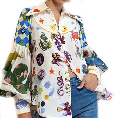 China Anti-wrinkle Wholesale Hot Sale Women Casual Print Shirt Lantern Sleeve Turn-down Collar Female Shirts Fashion Cartoon Top Streetwear for sale