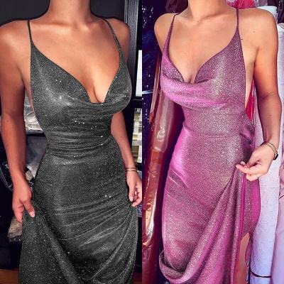 China Breathable European and American Sexy Backless Long Women's Dress Party Glitter Fabric Spaghetti Strap Evening Dress for sale