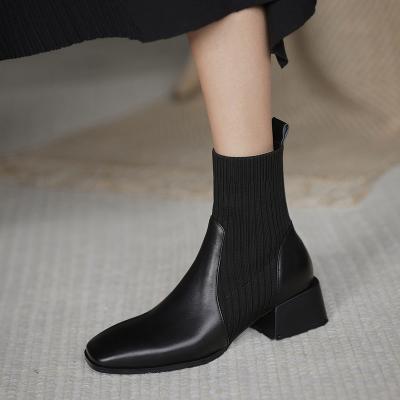 China New Durable Square Toe Thick Heel Short Boots Knitted Martin Boots For Women And Ladies for sale