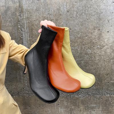 China Increasing Size Sheepskin Square Toe Elastic High Heeled Ankle Boots For Women And Ladies for sale