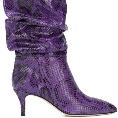 China New fashion durable design snake print pointed high heeled boots for women and ladies for sale