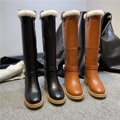 China Around 2021 New Knee High Boots Women Winter Thigh High Boots Around Long Toe Snow Boots Warm Flat Heels Brown for sale