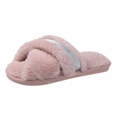 China Fashion Trend Fashion Soft Indoor Home Slips Fluffy Faux Fur Fuzzy Cross Open Toe Plush Slippers For Women for sale