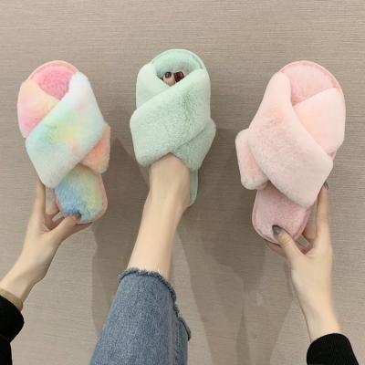 China Fashion Trend Plush Slippers Cotton Cross Faux Fur Slippers Women Indoor Soft Warm Flat Cozy Home Shoes Winter Plush Slippers for sale