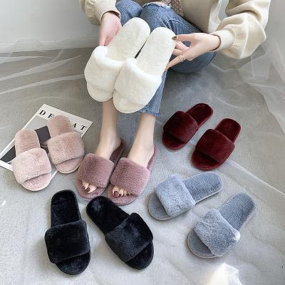 China Fashion Trend Winter Women Furry Slippers Soft Plush Faux Fur Floor Shoes Warm Home Slippers Open Toe Fluffy House Slides Indoor Ladies for sale