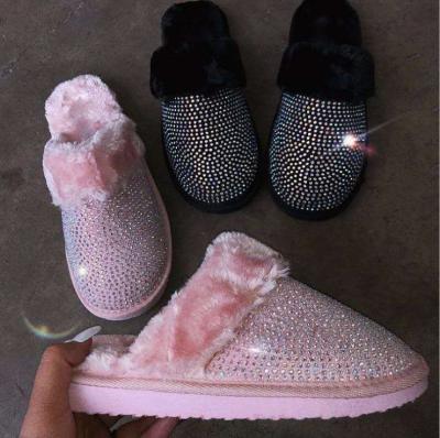 China Winter Fashion Trend Bling Fur Slippers Girls Warm Women Crystal Indoor House Slippers Bedroom Hot Business Shoes for sale