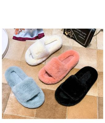 China Hot Furry Faux Fur Fashion Trend Winter Bedroom Slippers Shoes Women Slip On Flats Female Home Slides Plush Black Slippers for sale