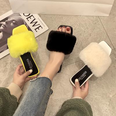 China Fashion Trend Spring Summer Fluffy Fur Slippers Shoes Woman Plush Fur Slip On Outdoor Flip Flop Flat Furry Slides Sandals Woman Flats for sale