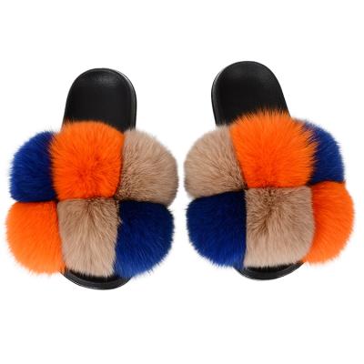 China Fashion Trend Rainbow Multi Color Fur Slides Real Fox Fur Women Indoor Fluffy Slippers Sandals Slippers for sale