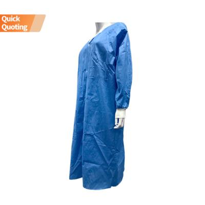 China Waterproof Rib Knit Elastic Cuff Blue Disposable SMS PP White Nonwoven Lab Coat Uniform With Snap Buttons for sale