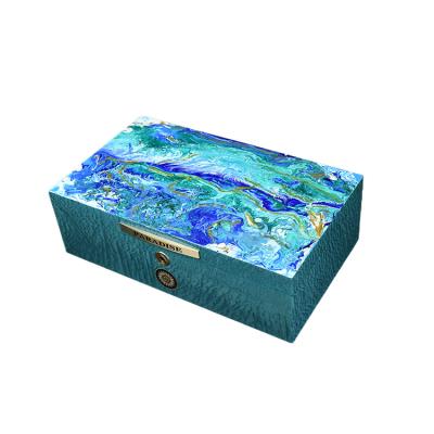 China Larger Size Art Cigar Box Humidor Italy Design Cigar Boxes Luxury Handmade Cedar Wood Cases Mahogany Oil Painting Blue for sale