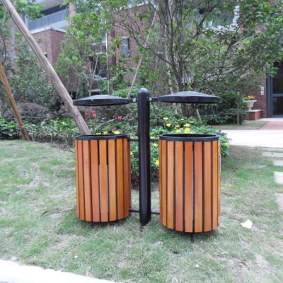 China Sustainable Hot Sale Garden Park Street 2 Bay Recycle Hanging Wall Mounted Double Wooden Trash Can Bin With Ashtray for sale