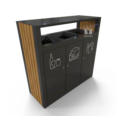 China Sustainable Indoor Outdoor Public Rectangular Waste Recycling Bin Wood Recycle Bin 3 Comparments for sale