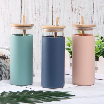 China Hot Selling Viable Amazon BPA Free Borosilicate Glass Bottle Bup Glass Tumbler With Straw Custom Glass Cup With Lid And Bamboo Lid for sale