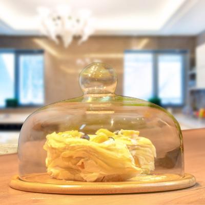 China Hot-selling Kitchenware Multifunction Cheese Dust Proof Food Cake Glass Cover With Natural Bamboo Tray for sale