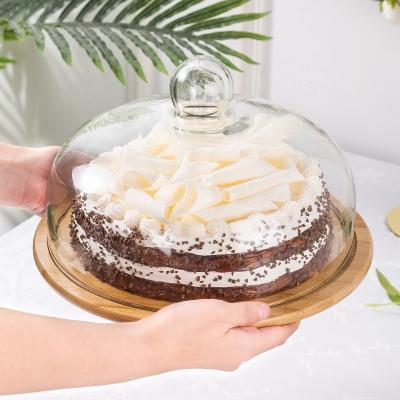 China Food Grade Food Grade Cake Glass Cover Food Cover Cake Pan Glass Cover With Bamboo Transparent Dustproof Tray for sale