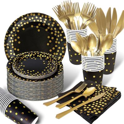 China Halloween 2021 Traditional Customized 210PCS Black And Gold Tableware Sets Disposable Party Tableware For Wholesale for sale