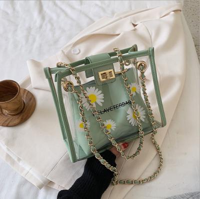 China 2020 Fashion Summer Daisy Flower Transparent Handbag Jelly PVC Chains Clear Shoulder Bag for sale