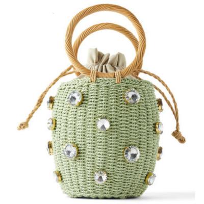 China Fashion New Women Woven Straw Tote Bag Green Artificial Gemstone Basket Handbag Handmade Diamond Straw Bag for sale