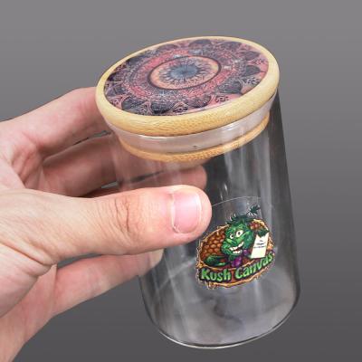 China Herb Glass Jar Stocked Empty Storage Container Customizable Sticker Herb Glass Jar With Bamboo Lid for sale