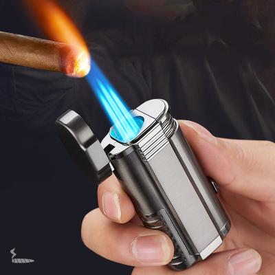 China Reusable High Quality Gas Cigarette Lighter Windproof Three Lights Torch Lighter With Cigar Cutter for sale