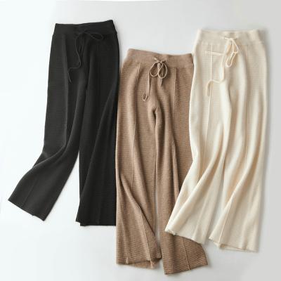 China Women Anti-pilling Waffle Knit Casual Loose Wide Leg Cashmere Pants With Drawstring for sale