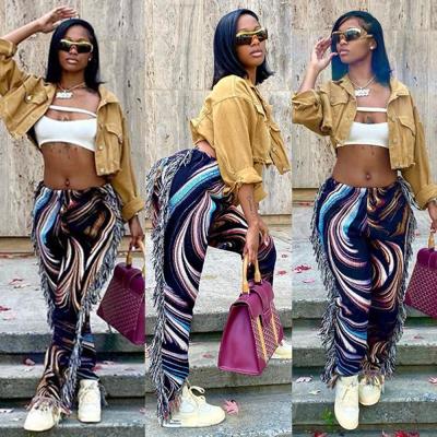 China Viable Tassels Patchwork Striped Print Jogger Panties Women Rave Festival Clothing 2021 Fashion Casual High Waist Bodycon Sport Tracksuit for sale