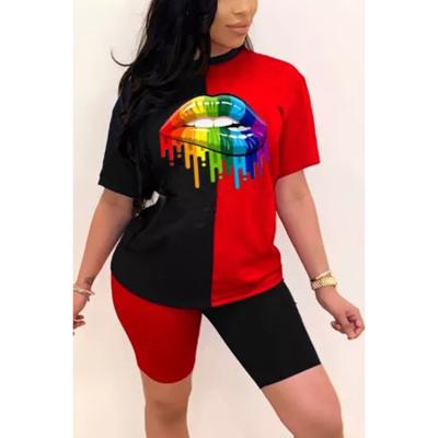 China New Plus Size Summer Women Fashion Rainbow Lip Print Sportswear Tops And Shorts 2pc Set Ladies Casual O-Neck Pullover Short Sleeve T-Shirt for sale