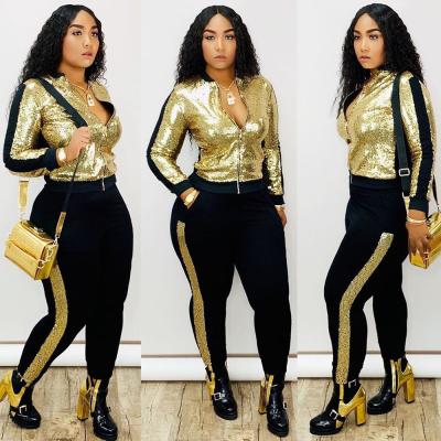 China Autumn Winter Casual Sequin 2 Piece Set Women Tracksuit Long Sleeve Jacket Pants Suit Streetwear Top Sparkly Matching Sets Club Outfits for sale