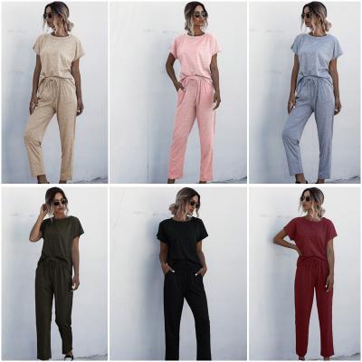 China Women's Summer Casual Tracksuits 2pcs Set Lounge Wear Short Sleeve Full Long Pants Sweat Suits Elastic Waist Casual Plus Size Sets for sale