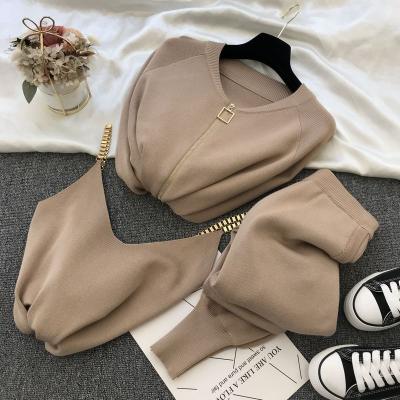 China Office Lady Women 2021 Autumn Winter Knitted Vest Zipper Cardigans Pants 3pcs Sets Tracksuits Outfits for sale