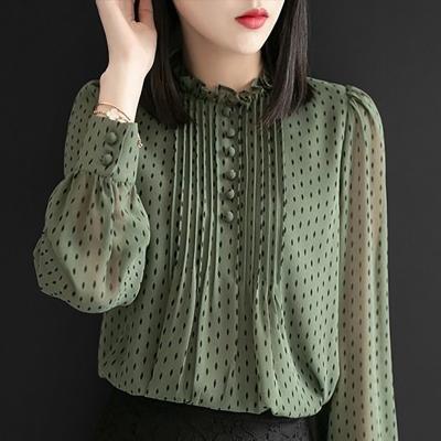 China Breathable Women Spring Long Sleeve Polka Dot Printed Chiffon Blusas Tops DD8879 Summer Sleeve Lady Shirts Autumn Style Chiffon Women's Blouses for sale