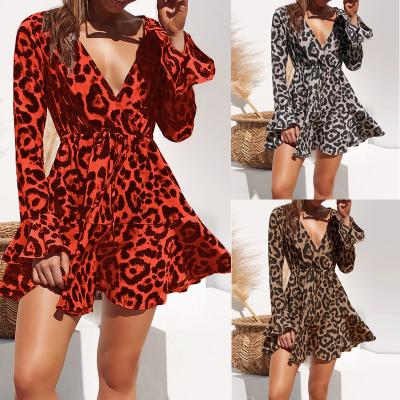 China Autumn Summer Chiffon Dress Women Leopard Print Boho Breathable Beach Dresses Casual Ruffle Long Sleeve Mini Party Dress Vestidos A Line for sale