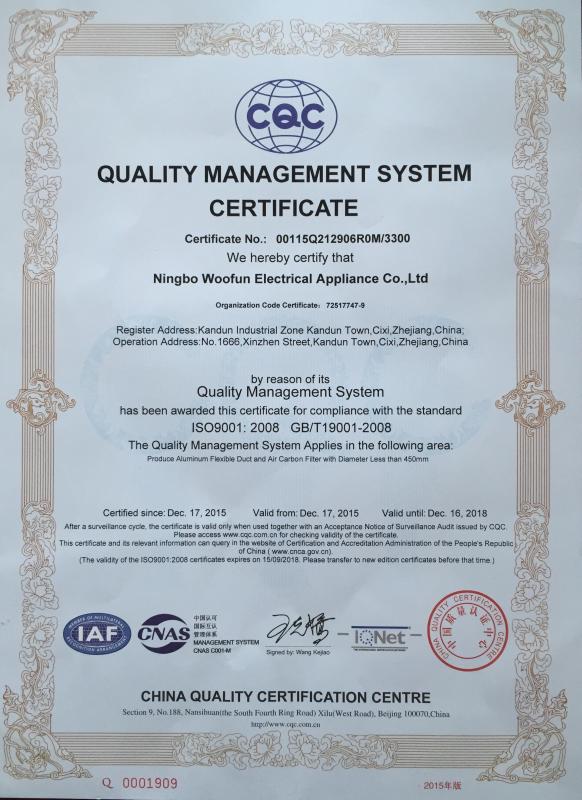 quality management system certificate - NINGBO WOOFUN ELECTRICAL APPLIANCE CO.,LTD