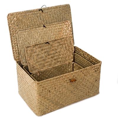 China Handmade Home Food Storage Baskets Rectangle Lid Straw Stainless Steel Boxes Container Rattan Decoration Sea Viable Baskets Grass for sale