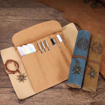 China Schools & Retro Offices Vintage Pocket Purse Bag For Pen Luxury Leather Case Creative School Roll Pencil Bag for sale