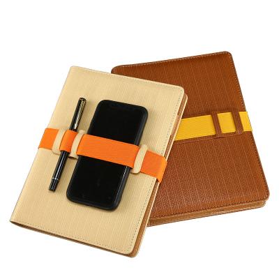 China 100% New Design Eco-friendly Custom Leather A5 Business Diary Diaries With Wide Elastic Cord Grip Phone And Pen Pocket for sale