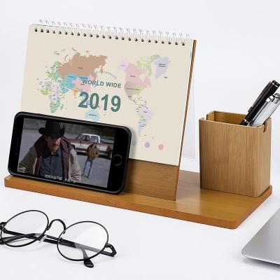 China Table Calendar with American Custom Printable Wooden Desk Calendar 2019 Holiday Table Stand Decorative Calendar with Pen Holder and Gift Box for sale