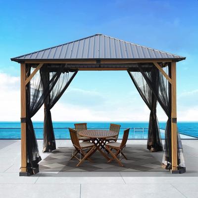 China Modern Outdoor Furniture 10' x12 Hardtop Gazebo Outdoor Aluminum Wood Grain Gazebo with Galvanized Steel Double Canopy for Patio Backyard with Fabricating for sale