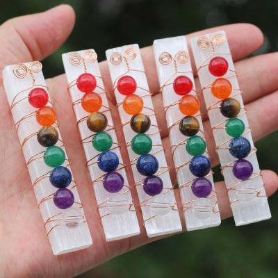 China Wholesale Natural White China Crystal Selenite Wand Stick Wire Wrapped With 7 Chakra Beads Selenite Crystal Sticks For Healing for sale